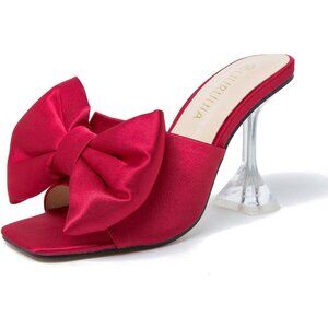 Women's Bow High Heels Mules Dress Sandals Slip On Party Wedding Bridal Red